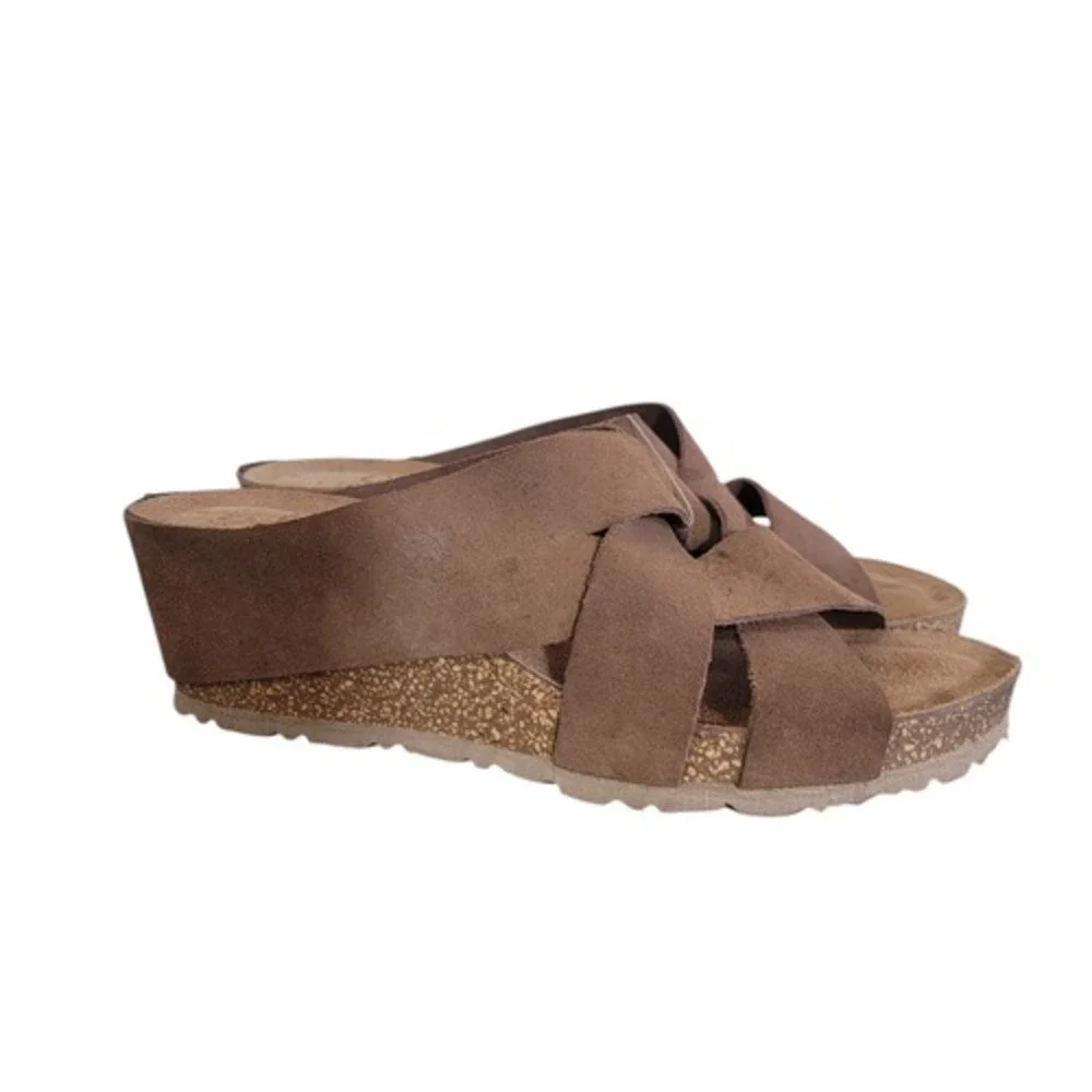 Yokono Candela Sz‎ 8 Suede Genuine Leather Cork Platform Wedge Slip On Sandals